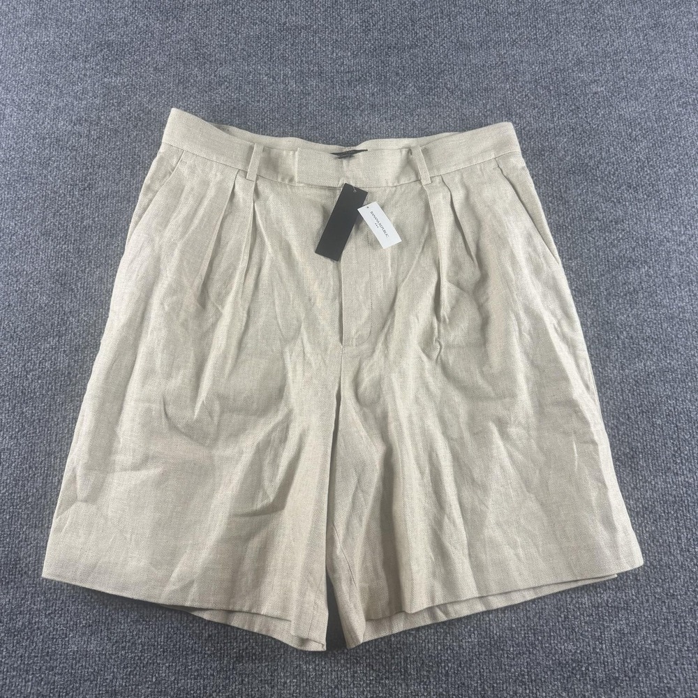 Banana Republic Bermuda Shorts Womens 16 Beige Linen Pleated Herringbone Pockets